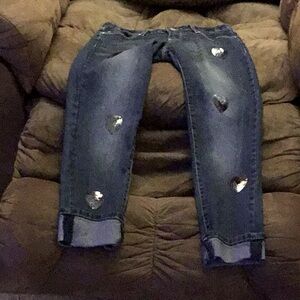 Total Girl Blue Jeans Cuffed Size 14 Regular with Shiny Hearts Front of Legs